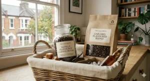 A sustainable wicker gift basket containing jars and bags of various flavoured coffee beans.