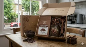 A clear glass airtight jar with a latch lid, filled with roasted chocolate flavoured coffee beans on a white kitchen shelf.