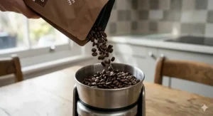 A detailed shot of dark, whole chocolate flavoured coffee beans pouring into a silver conical burr coffee grinder.