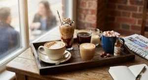 Assortment of different hazelnut flavoured coffee drinks on a tray