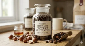 A clear jar filled with hazelnut flavoured coffee beans, displayed with whole roasted nuts and an aromatic hazelnut oil.