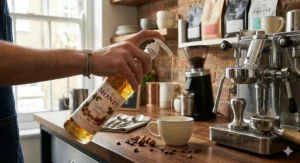 Home coffee station with hazelnut syrup and espresso machine