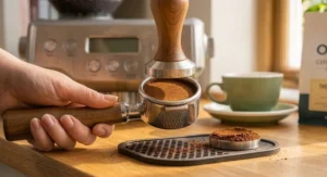 Home coffee station featuring a bottomless portafilter and accessories.