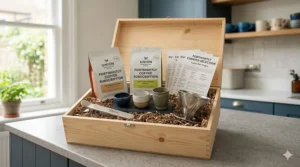 An unboxing view of a fortnightly coffee subscription kit, including beans and brewing guides.