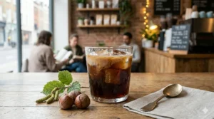 Refreshing iced hazelnut flavoured coffee in a glass
