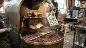 An illustration demonstrating the roasting process at an independent coffee roasters, showing green coffee beans transforming into a rich medium roast.