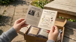 An educational coffee tasting guide and roaster story card included in a monthly subscription box.