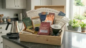 A complete home coffee brewing setup including bags, scoops, and guides for a fortnightly subscription.