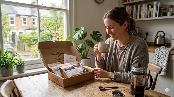 A curated monthly coffee box containing freshly roasted specialty beans from independent UK roasters. monthly coffee box