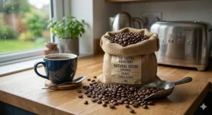 A clear, side-by-side comparative visual aid highlighting the subtle textural and colour differences between high-grade natural decaf coffee beans and standard caffeinated Arabica beans