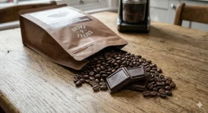 A close-up view of an open craft brown paper bag spilling roasted chocolate flavoured coffee beans onto a rustic wooden table next to chocolate squares.
