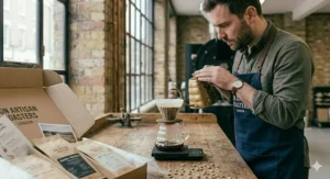 An expert pouring hot water over fresh grounds, highlighting the rich quality of craft roasted coffee.