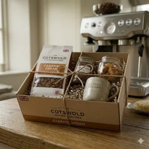 Hand pouring caramel flavoured coffee beans into a professional coffee grinder.