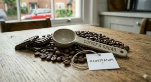A complete coffee brewing setup on a rustic table featuring chocolate flavoured coffee beans, a pour-over cone, and a bag.