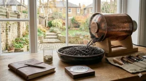 Freshly ground vanilla flavoured coffee beans resting on a clean wooden surface.
