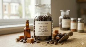 A jar of rum and salted caramel flavoured coffee beans, featuring a small rum bottle and caramel pieces.