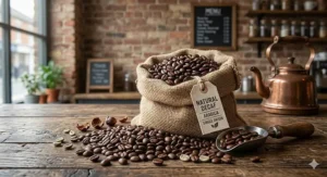 A detailed photorealistic close-up of a rustic burlap sack overflowing with high-quality natural decaf coffee beans