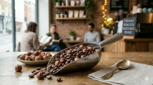 Metal scoop full of high-quality hazelnut flavoured coffee beans