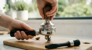 Comparison showing the 54mm portafilter size against standard coffee machine parts.