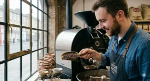 A close-up of a master roaster checking the colour and aroma of beans at a top-rated coffee roaster.