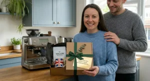 Alt text for image 7: A photorealistic composite on a wooden counter showing VALOR ROASTERS coffee bags next to icons representing ethical, sustainable sourcing and a coffee farmer picking cherries.