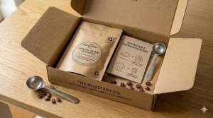 Eco-friendly, plastic-free coffee subscription packaging displayed with recycling instructions.