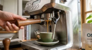 Close-up shot of a perfect espresso extraction showing thick crema.