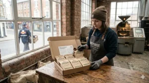 A letterbox-friendly coffee subscription box from a UK independent coffee roasters landing on a home doormat.