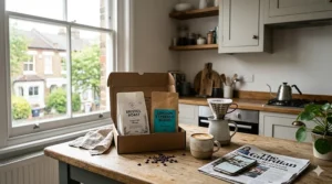 A photorealistic scene in a London kitchen featuring a curated subscription box with two bags of roasted coffee beans, a latte, and a copy of 'The Guardian' near a sash window.