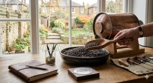 A wooden scoop filled with high-quality vanilla flavoured coffee beans, ready for brewing.