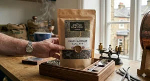 A sealed pouch of artisan vanilla flavoured coffee beans, showcasing sustainable packaging.