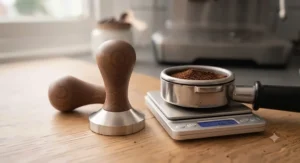 A standard 58mm stainless steel espresso tamper displayed alongside coffee accessories for scale.