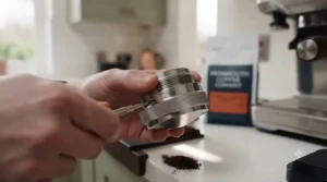 Adjusting the depth of a professional coffee distribution tool for consistent puck preparation.