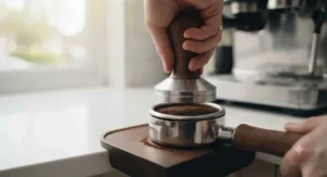 A person using a high-quality espresso tamper to compress ground coffee into a portafilter.