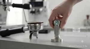 Illustration of a home barista receiving tactile feedback from a calibrated tamper during the espresso preparation.
