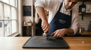 Side profile of a barista using a tamping mat to achieve an even and level coffee bed in the portafilter.