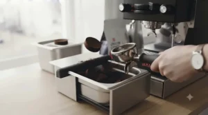 A barista knocking a portafilter against the rubber bar of a knock box, demonstrating the quick and clean disposal of spent coffee pucks.