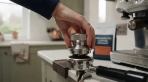 A home barista using a palm-style distribution tool to smooth the surface of espresso grounds.
