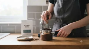A candid photograph capturing a barista's workflow in the same modern UK kitchen setting. The home barista, wearing a charcoal apron, holds the premium walnut-handled WDT tool and is performing the distribution technique within a bottomless portafilter locked into the espresso machine. The oak worktop, metro tiles, and Assembly Coffee bag are all visible.