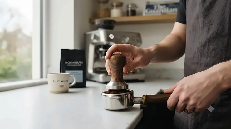 A premium bespoke wooden espresso tamper resting on a polished coffee portafilter. wooden espresso tamper