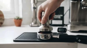 A close-up showing the comfortable, ergonomic grip of the best calibrated tamper in use.