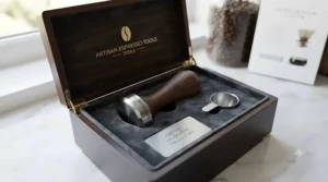 The best calibrated tamper displayed elegantly as part of a premium home barista gift set.