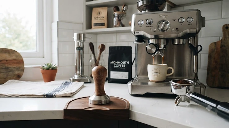 A high-quality image of the best calibrated tamper resting on an espresso machine, showcasing its ergonomic handle and polished steel base. best calibrated tamper