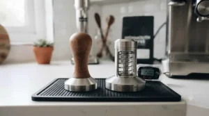 Comparison shot showing improved espresso extraction using the best calibrated tamper.