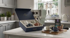 A luxury espresso cup gift set beautifully presented in a presentation box ready for coffee lovers.