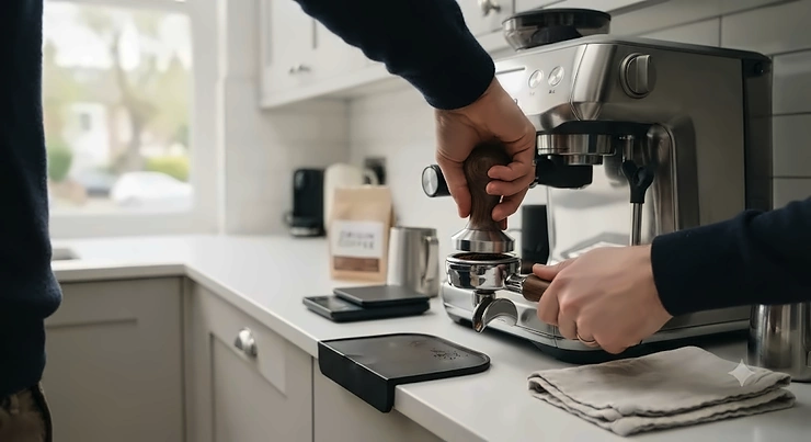 A high-quality stainless steel espresso tamper resting next to a portafilter on a marble kitchen counter. best espresso tamper