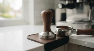 A professional espresso tamper placed on a wooden station with a portafilter nearby.