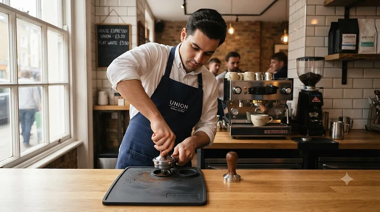 Professional barista tamping coffee grounds on a food-grade silicone tamping mat on a kitchen worktop. best tamping mat