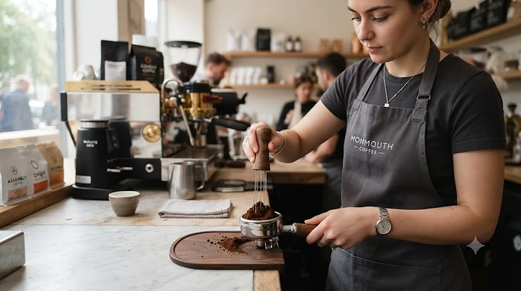 Barista using the best Wdt tool to declump espresso coffee grounds in a British speciality café. best WDT tool