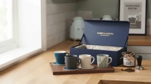 An espresso cup gift set tied with a ribbon, presented as an ideal birthday or Christmas present for coffee enthusiasts.